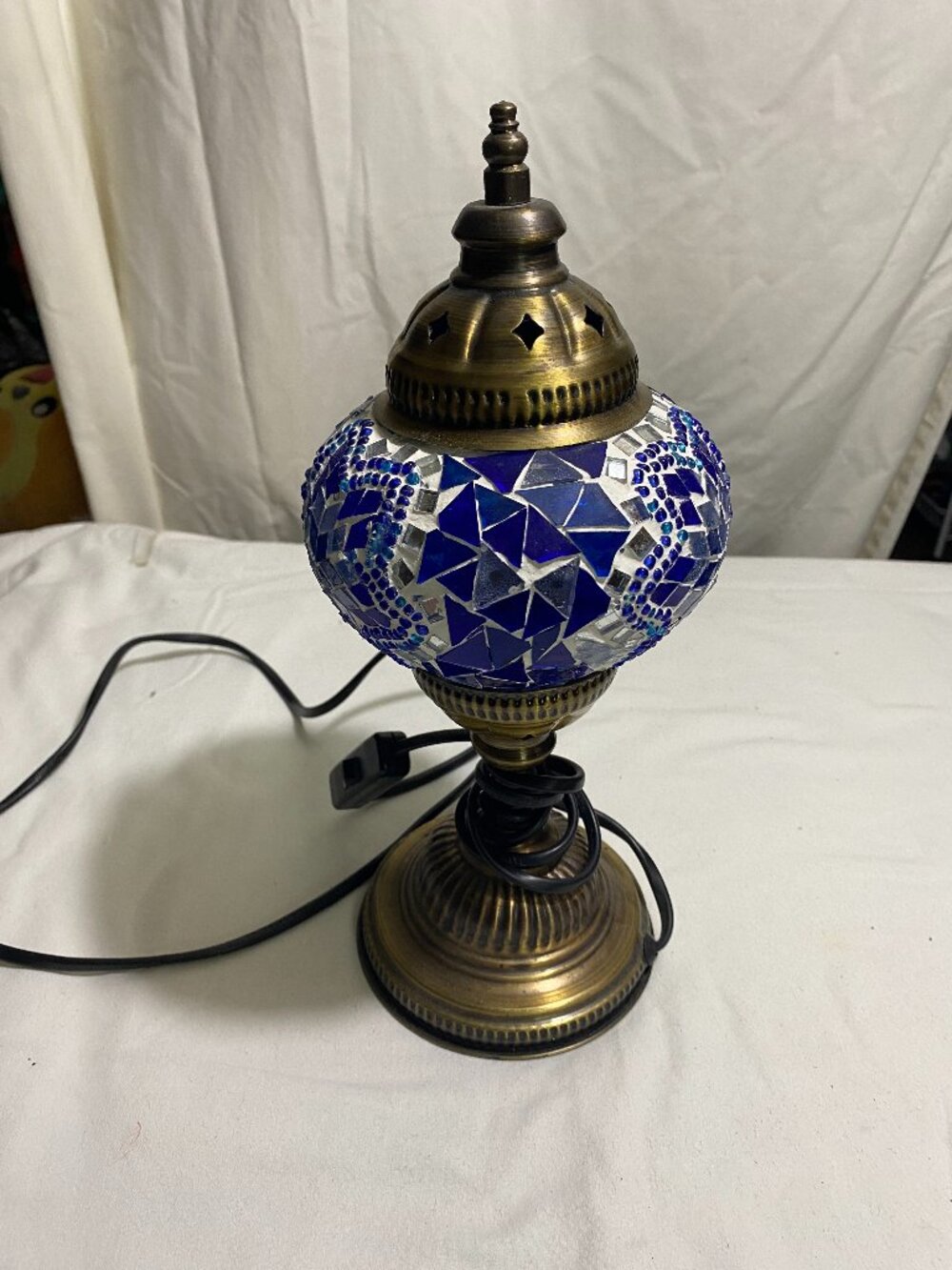 Turkish Moroccan Mosaic Table Lamp Blue Glass Bronze Tone 12” Accent Light